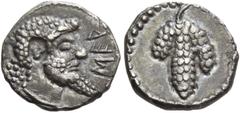 Greek Coins The Serdaioi Triobol circa 500-475, AR 1.24 g. ΣEP Head of Dionysus r. with pointed beard. Rev. Bunch of grapes. de Luynes 1139 (these dies). Historia Numorum Italy 1718 (Lucania). AMB 164