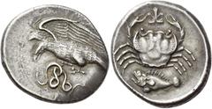 Greek Coins Sicily, Agrigentum Didrachm circa 413-406, AR 8.66 g. [AKPAΓANTINON] Eagle standing left, with wings spread, attacking a coiled serpent held in its talons; behind, ΣTPA[TΩN]. Rev. Crab; ab
