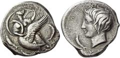 Greek Coins Camarina Didrachm circa 405, AR 7.86 g. KAM – A – [PI] – N[A] retrograde The nymph Camarina, with head l., dressed in low-necked chiton leaving the breast partly bare and with crossed legs
