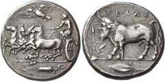 Greek Coins Gela Tetradrachm circa 415-405, AR 17.22 g. Fast quadriga driven l. by charioteer holding kentron and reins; above, eagle flying l. and, in exergue, ear of barley l. Rev. ΓEΛAΣ Man-headed 