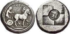 Greek Coins Syracuse Tetradrachm circa 510-490, AR 17.14 g. SVRA Slow quadriga driven r. by clean-shaven charioteer, wearing long chiton and holding reins in each hand. Rev. Head of Arethusa l., hair 