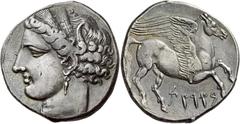 Greek Coins The Carthaginians in Sicily and North Africa 5 shekels or decadrachm, Carthago circa 260, AR 37.90 g. Head of Tanit (Kore-Persephone) l., wearing barley wreath and earring. Rev. b'rst in P