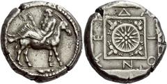 Greek Coins Mende Tetradrachm circa 450-425, AR 17.00 g. Elderly Dionysus, wearing ivy wreath and himation, reclining on mule's back l., holding cantharus with r. hand and resting l. on the animal's s