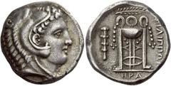 Greek Coins Philippi Tetradrachm circa 356-345, AR 14.29 g. Head of young Heracles r., wearing lion skin headdress. Rev. ΦIΛIΠΠΩ[N] Tripod with three handles; from the two handles at the sides, two fi
