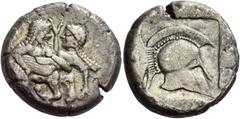 Greek Coins The Orrescii Stater late sixth-early fifth century BC, AR 9.40 g. Centaur r., abducting nymph. Rev. Crested Corinthian helmet within quadripartite incuse square. Svoronos, Hellenism Primit
