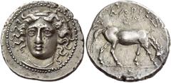 Greek Coins Larissa Drachm circa 356-342, AR 6.04 g. Head of nymph Larissa facing three-quarters l., wearing ampyx, earring and necklace. Rev. ΛAPIΣA[I] Horse crouching r. Coin Hoard VIII, pl. 12, 28 