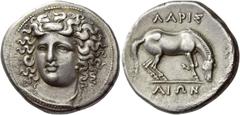 Greek Coins Larissa Didrachm circa 356-342, AR 12.03 g. Head of nymph Larissa facing three-quarters l., wearing ampyx, earring and necklace. Rev. ΛAPI – Σ / AIΩN Horse crouching r., preparing to roll.