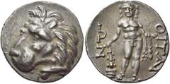 Greek Coins The Oitaioi Didrachm after 167, AR 7.64 g. Lion's head l. with spear in its jaws. Rev. OITAI / ΩN Youthful Heracles standing facing, wearing ivy-wreath, holding club and lion skin. de Nant