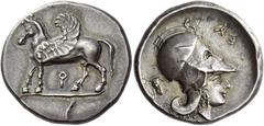 Greek Coins Corinthia, Corinth Stater circa 400-375, AR 8.57 g. Pegasus, with curved wing, advancing l.; below, [koppa]. Rev. Head of Athena r., wearing Corinthian helmet; in l. field, head of bull r.