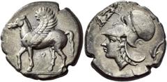 Greek Coins Corinthia, Corinth Stater circa 360-338, AR 7.67 g. Pegasus, with curved wing, advancing l.; below, [koppa]. Rev. Head of Athena l., wearing Corinthian helmet; above, flying Nike r. and in
