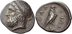 Greek Coins Elis, Olympia Stater circa 356, 106th Olympiad, AR 12.22 g. Laureate head of Zeus l. Rev. FAΛ – ΕΙΩΝ Eagle, with closed wings, standing r. on Ionic column capital. SNG Delepierre 2147 (thi