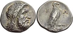 Greek Coins Elis, Olympia Stater circa 348, 108th Olympiad, AR 12.03 g. Laureate head of Zeus r. Rev. F – A Eagle, with closed wings, standing r. on Ionic column capital; in field r., thunderbolt. Sel