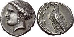 Greek Coins Elis, Olympia Stater circa 340, 110th Olympiad, AR 12.08 g. F – A Head of Hera l., wearing ornamented stephanos. Rev. Eagle standing l., wings closed, within wreath. Seltman 339a (this coi