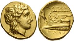 Greek Coins Bithynia, Cius Stater, magistrate Agathokles circa 340-330, AV 8.57 g. Laureate head of Apollo r. Rev. AΓAΘO / KΛHΣ Prow of galley l., decorated with star: above, club and in l. field, eag