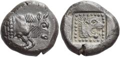 Greek Coins Islands off Ionia, Samos Didrachm circa 520, AR 6.85 g. Forepart of bull r. Rev. Head of lion r. with open jaws, within dotted square. Traité I, 459 and pl. XI, 27. BMC 23. Barron pl. 5, 2