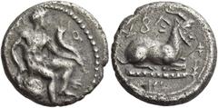 Greek Coins Cyprus. Kings of Salamis, Evagoras I circa 411- 374 Tetrobol, Salamis circa 411-374, AR 3.32 g. Heracles naked seated l. holding horn; behind bow. Rev. ba si le o se in Cypriot characters.