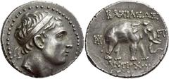 Greek Coins Antiochus III, 223 – 187 Tetradrachm, Nisibis circa 223-187, AR 16.90 g. Diademed head r. Rev. ΒΑΣΙΛΕΩΣ – ΑΝΤΙΟΧΟΥ Elephant advancing r.; in fields, two monograms. Houghton, The Elephants 