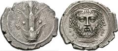 Greek Coins Cyrenaica, Barce Tetradrachm, magistrate Akesios circa 360, AR 12.64 g. B – A / P – K / A – I Silphium plant. Rev. AKE – ΣIOΣ Facing head of Zeus Ammon, with his eyes wide-open and his hai