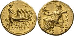 Greek Coins Cyrene Stater circa 322-314, AV 8.62 g. KYPANAI – ΩN Slow quadriga driven r. by Nike, holding kentron and reins; above, sun. Rev. Zeus-Ammon seated l., holding eagle in extended r. hand; i