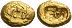 Greek coins Kings of Lydia, time of Cyrus II and Darios I. Stater light series, Sardes circa 505-500, AV 8.05 g. Foreparts of confronted lion and bull. Rev. Two incuse squares of unequal size. Traité 