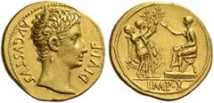 The Roman Empire Octavian as Augustus, 27 BC – 14 AD. Aureus, Lugdunum 15-13 BC, AV 7.86 g. AVGVSTVS – DIVI·F Bare head r. Rev. Two soldiers (or Drusus and Tiberius) with parazonium giving branches to