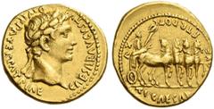 The Roman Empire Octavian as Augustus, 27 BC – 14 AD. Aureus, Lugdunum 13-14 AD, AV 7.80 g. CAESAR AVGVSTVS - DIVI F PATER PATRIAE Laureate head r. Rev. AVG F TR POT – XV Tiberius standing r. in trium
