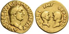 The Roman Empire Vitellius, 2nd January – 20th December 69. Aureus late April-20 December 69, AV 6.93 g. A VITELLIVS GERMAN IMP TR P Laureate head of Vitellius r. Rev. LIBERI IMP GERMAN Confronted dra