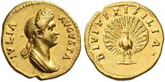 The Roman Empire Julia, daughter of Titus. Aureus 88-89 (?), AV 7.62 g. IVLIA – AVGVSTA Draped bust r., hair in dome at top of head and in plait falling at neck. Rev. DIVI TITI FILIA Peacock in splend