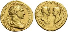 The Roman Empire Trajan, 98 – 117. Aureus circa 112-113, AV 6.84 g. IMP TRAIANVS AVG GER DAC P M TR P COS VI P P Laureate, draped and cuirassed bust r. Rev. DIVI NERVA ET TRAIANVS PAT Confronted busts