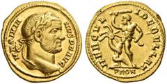 The Roman Empire Maximianus augustus, first reign 286 – 305. Aureus 294, AV 5.27 g. MAXIMIA – NVS P F AVG Laureate head r. Rev. HERCVL – I DEBELLAT Hercules standing l., fighting Hydra with club in r.