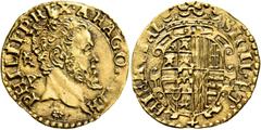 Monete e medaglie di zecche italiane Napoli. Filippo II di Spagna, 1554-1598. II periodo: re di Spagna e Napoli, 1556-1598. Scudo, AV 3,37 g. PHILIP REX ARAGON VTR Testa nuda a d.; dietro, IBR / VP (G