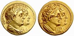 Greek Gold Coins The Ptolemaic Kings of Egypt. Ptolemy II Philadelphos, 285 – 246 BC No.: 3 Estimate: CHF 9000 d=30 mm Octodrachm, Alexandria after 265 BC, AV 27.80 g. ADELFWN Jugate busts r. of Ptole