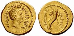 Roman Coins The Roman Republic No.: 24 Estimate: CHF 40000 d=22 mm Marcus Antonius with M. Mussidius Longus. Aureus circa 42, AV 8.05 g. M·ANTONIVS·III·VIR·R·P·C Bare head of Mark Antony r. Rev. L·MVS