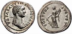 Roman Coins The Roman Empire Diva Domitilla, wife of Vespasian No.: 63 Estimate: CHF 30000 d=21 mm Denarius 82-83, AR 3.53 g. DIVA DOMITILLA AVGVSTA Draped bust r., hair in long plait at back. Rev. FO