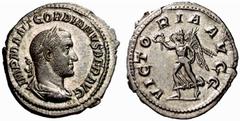 Roman Coins The Roman Empire Gordian II, 1st – 22nd April 238 No.: 127 Estimate: CHF 7000 d=22 mm Denarius 1st - 22nd April 238, AR 2.36 g. IMP M ANT GORDIANVS AFR AVG Laureate, draped and cuirassed b