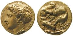 Greek Coins Sicily, Syracuse. Double-decadrachm signed by Euainetos circa 405-400, AV 5.77 g. ΣΥΡΑΚΟΣΙΟΝ Head of Arethusa l., hair elaborately waved and caught up behind in sphendone ornamented with s