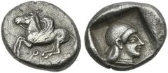 Greek Coins Corinthia, Corinth. Drachm circa 510-480, AR 14 mm, 2.78 g. Pegasus flying l.; below, . Rev. Head of Aphrodite r., wearing thin diadem and pearl necklace. All within incuse square. Dewing
