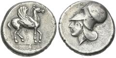 Greek Coins Corinthia, Corinth. Stater circa 400-350, AR 20 mm, 8.08 g. Pegasus advancing r.; below, . Rev. Head of Athena l., wearing Corinthian helmet; in l. field Y / Y and in r., E / T. Ravel 661
