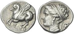 Greek Coins Corinthia, Corinth. Drachm circa 350-300, AR 15 mm, 2.56 g. Pegasus flying l.; below, . Rev. Head of Aphrodite l., hair bound with wide band; in r. field, monogram. BCD Corinth –. SNG Cop