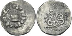 Greek Coins Pergamum. C. Fabius M. f. Cistophoric tetradrachm, magistrate Demeas, 57-56, AR 29 mm, 11.97 g. Serpent emerging from cista mystica; all within ivy-wreath. Rev. Two serpents standing by de