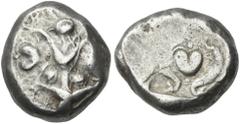 Greek Coins Cyrenaica, Barce. Tetradrachm circa 480-435, AR 21 mm, 17.11 g. B[APKA] Silphium plant. Rev. Silphium fruit between two dolphins swimming; all within shallow incuse square. SNG Copenhagen 