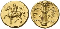 Greek Coins Cyrene. Tetrobol circa 308-305, AV 13 mm, 2.86 g. Youth on horseback l; in r. field, star. Rev. KY – PA Silphium plant; in l. field, monogram. Naville 178 (these dies). BMC 210d (these die