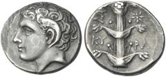 Greek Coins Cyrene. Didrachm circa 308-277, AR 22 mm, 7.50 g. Head of Apollo Carneius l. Rev. KY – PA Silphium plant with four leaves; to l., monogram and to r., star. SNG Copenhagen 1238. SNG Lockett
