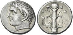 Greek Coins Cyrene. Didrachm circa 308-277, AR 21 mm, 7.50 g. Head of Apollo Carneius l. Rev. KY – PA Silphium plant with four leaves; to l., tripod and to r., monogram. BMC 251. SNG Copenhagen 1242 v