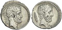 The Roman Republic M. Iunius Brutus. Denarius 54, AR 19 mm, 3.39 g, 5h. BRVTVS Head of L. Iunius Brutus r. Rev. AHALA Head of C. Servilius Ahala r. Babelon Julia 30 and Servilia 17. Sydenham 932. RBW 