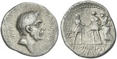 The Roman Republic Cnaeus Pompeius Junior and M. Minatius Sabinus. Denarius, Spain 46-45, AR 19 mm, 3.38 g. IMP – CN MAGNVS Head of Cn. Pompeius Magnus r. Rev. PR·Q Pompeian soldier between the person