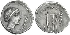 The Roman Republic Q. Caepio Brutus. Denarius, mint moving with Brutus 43-42, AR 19 mm, 3.93 g. LEIBERTAS Head of Libertas r . Rev. [CAE]PIO·BRVTVS·PRO·COS Plectrum, lyre and laurel branch tied with f