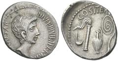 The Roman Republic C. Caesar Octavianus. Denarius, mint moving with Octavianus 37, AR 19 mm, 3.66 g, 2h. [IMP·CA]ESAR – DIVI·F·III·VIR·ITER·R·[P·C] Bearded head of Octavian r. Rev. COS·ITER·[ET·TER·DE