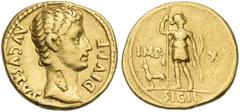 The Roman Empire Octavian as Augustus, 27 BC – 14 AD. Aureus, Lugdunum circa 15-13 BC, AV 20 mm, 7.63 g. AVGVSTVS – DIVI F Bare head r. Rev. IMP – X Diana, in short hunting tunic, standing half l., he