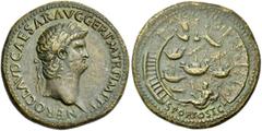 The Roman Empire Nero augustus, 54 – 68. Sestertius circa 64, Æ 36 mm, 27.32 g NERO CLAVD CAESAR AVG GER P M TR P IMP P P Laureate head r. Rev. AVGVSTI Bird's eye view of the harbour of Ostia. At the 